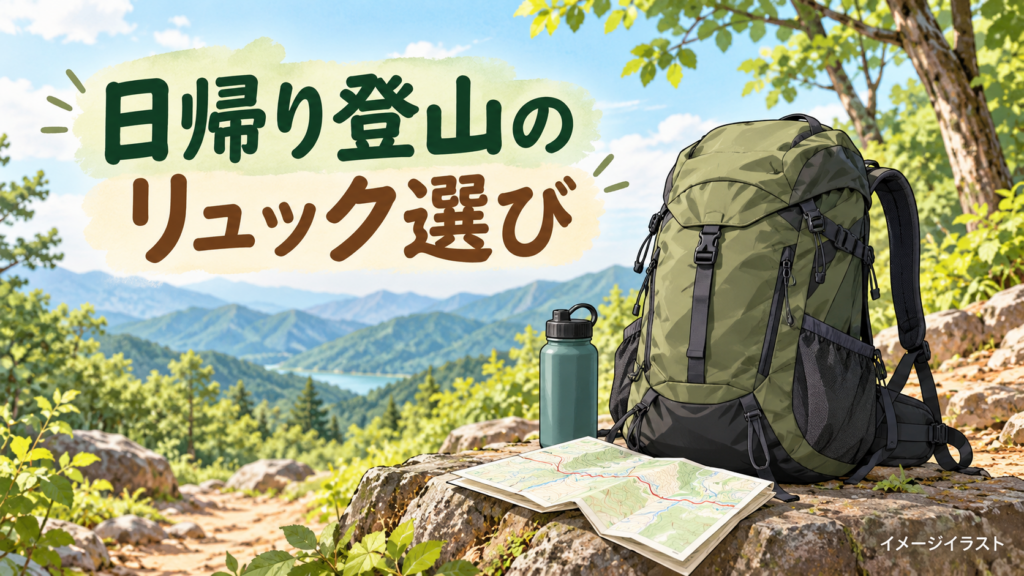 日帰り登山用のリュックと地図・ボトルを描いたイメージイラスト。実物写真ではありません。