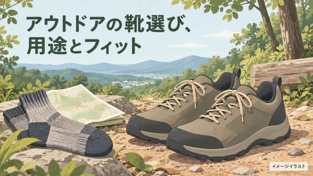 アウトドア用の靴と靴下・地図を描いた用途とフィット選びのイメージイラスト。実物写真ではありません。