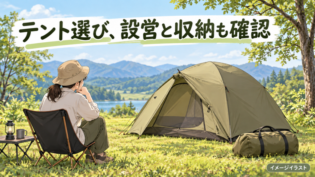 テントと収納バッグを描いたキャンプ場のイメージイラスト。実物写真ではありません。
