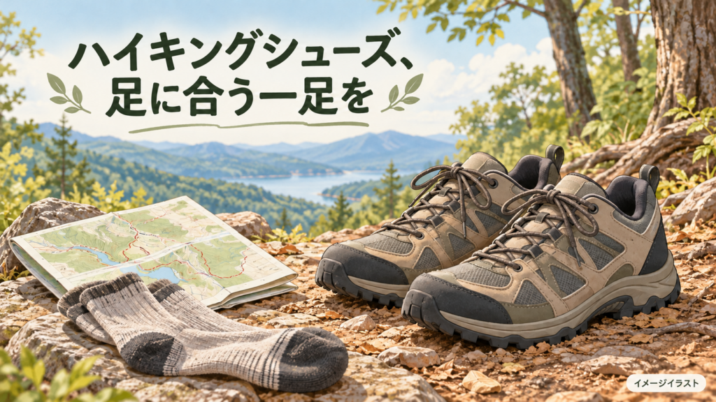 ハイキングシューズと地図・靴下を描いた靴選びのイメージイラスト。実物写真ではありません。