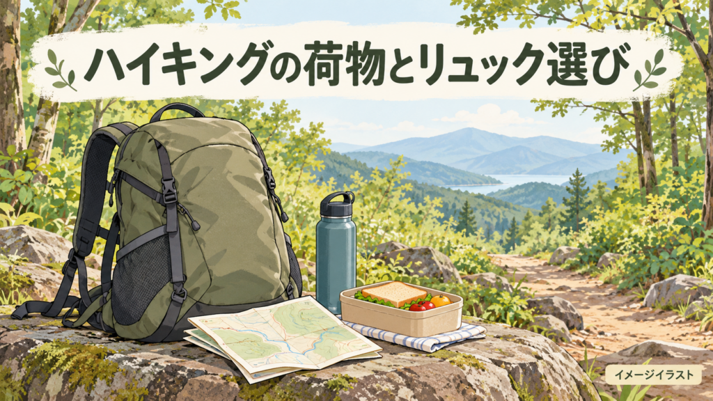 日帰りハイキングのリュックと持ち物を描いたイメージイラスト。実物写真ではありません。