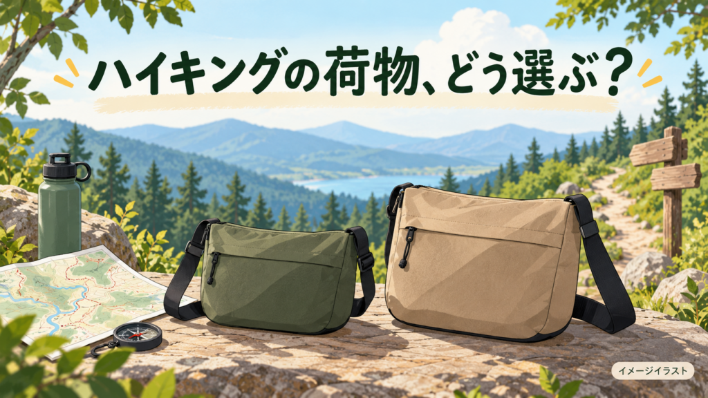 大小のショルダーバッグとハイキング道具を描いたイメージイラスト。実物写真ではありません。