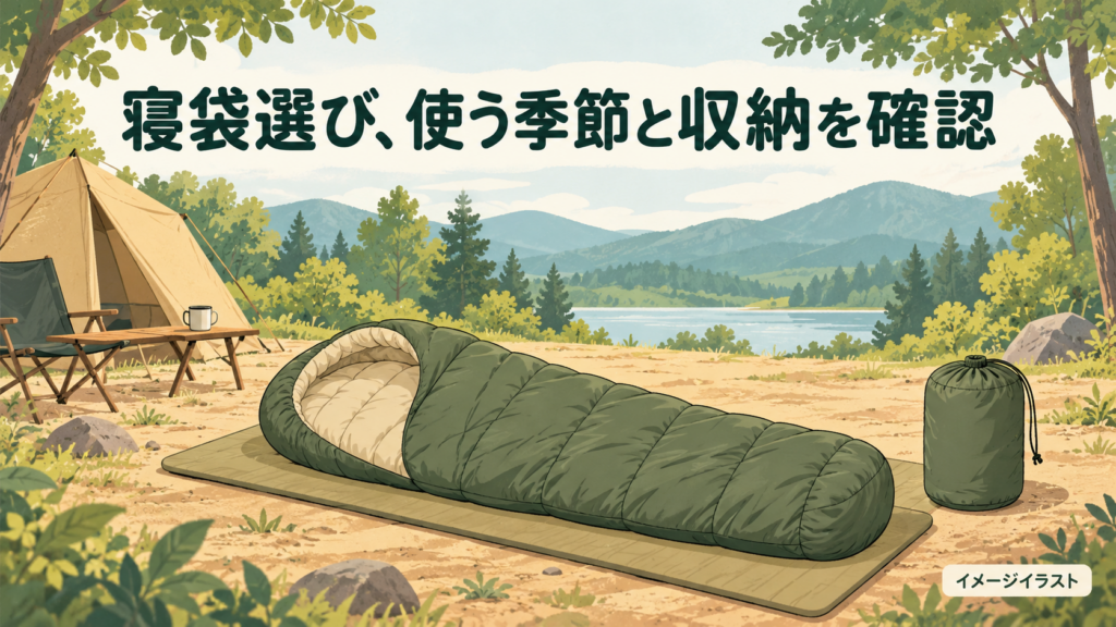 寝袋と収納袋を描いたキャンプ用品選びのイメージイラスト。実物写真ではありません。